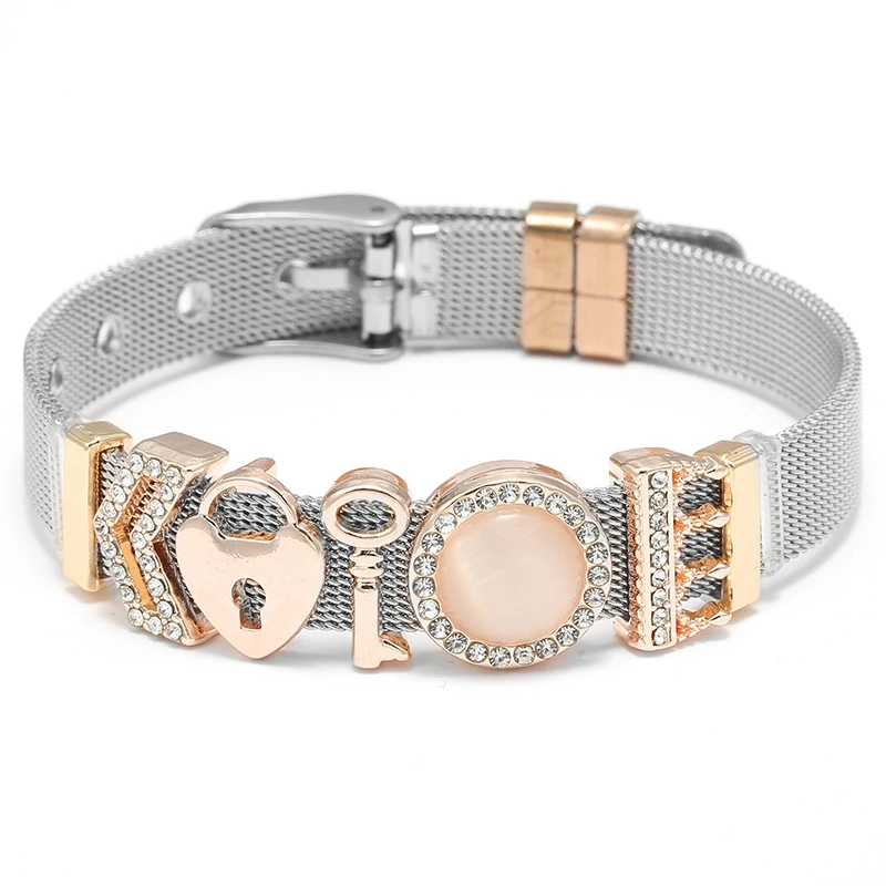 Bracelets en maille d\'acier inoxydable de haute qualité avec bricolage clé serrure perles boucle gardien Bracelets pour femme petit ami bijoux cadeau