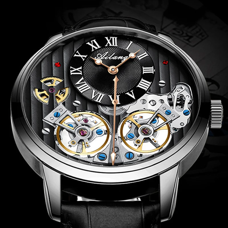 Montre Homme Automatique Double Tourbillon Mi Squelette Chiffres Romains Luxe – Image 3