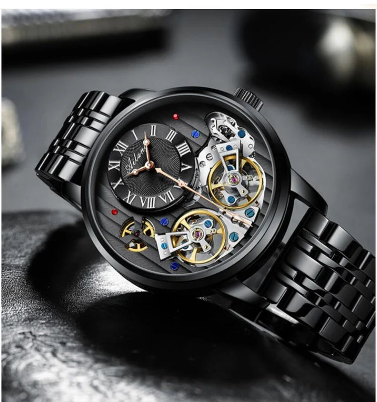Montre Homme Automatique Double Tourbillon Mi Squelette Chiffres Romains Luxe – Image 2