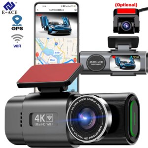 Caméra Embarquée Dashcam Voiture Auto 4K GPS WIFI Ecran Vision Nocturne Kit Surveillance Parking 24 Heures DVR 12V + Caméra Arrière