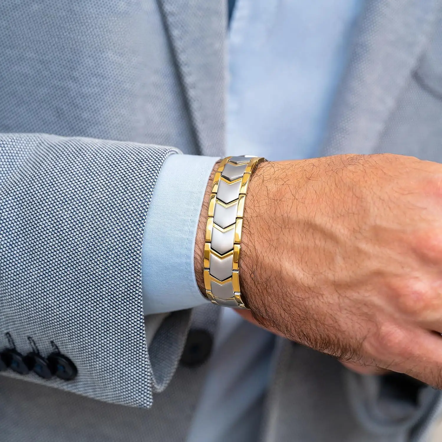 Bracelet Homme Magnétique Energétique Titane + Acier Bien Être Santé Sommeil – Image 3