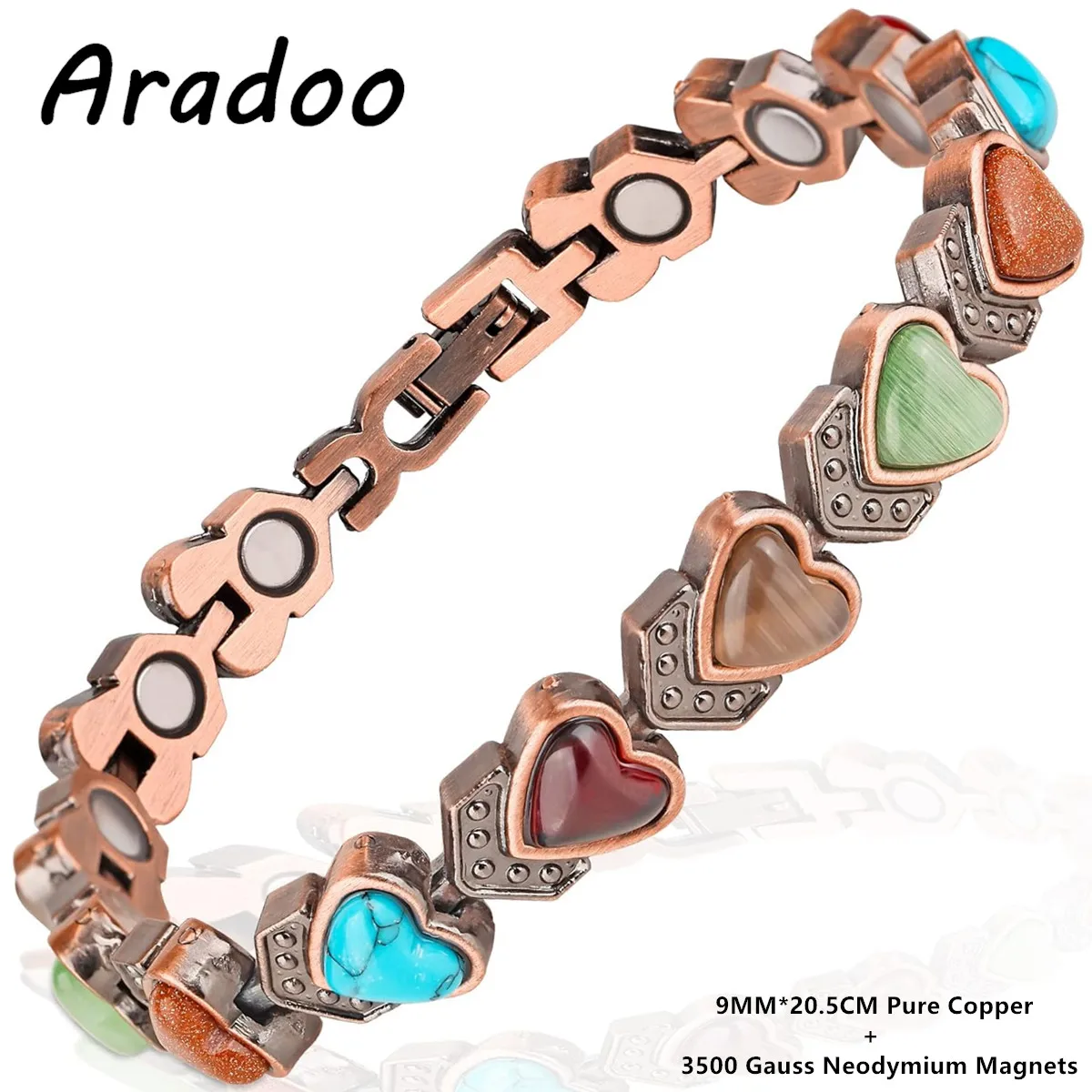 Bracelet Femme Cuivre Pur 3500 Gauss Coeurs de Pierre Bien-Etre Santé Magnétique