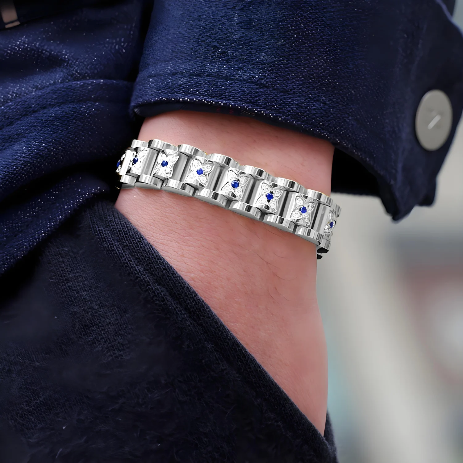 Bracelet Femme Titane Acier Magnétique 3500Gauss Hématite Zircon Bien-Etre Santé – Image 2