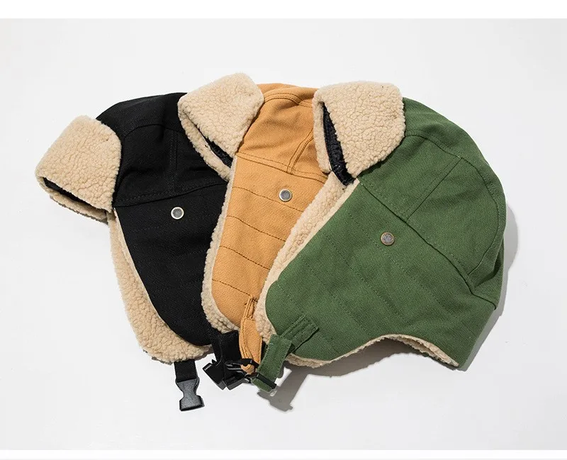 Chapeaux de bombardier épais coupe-vent en laine d\'agneau pour hommes, garde au chaud en hiver, casquette de ski en plein air