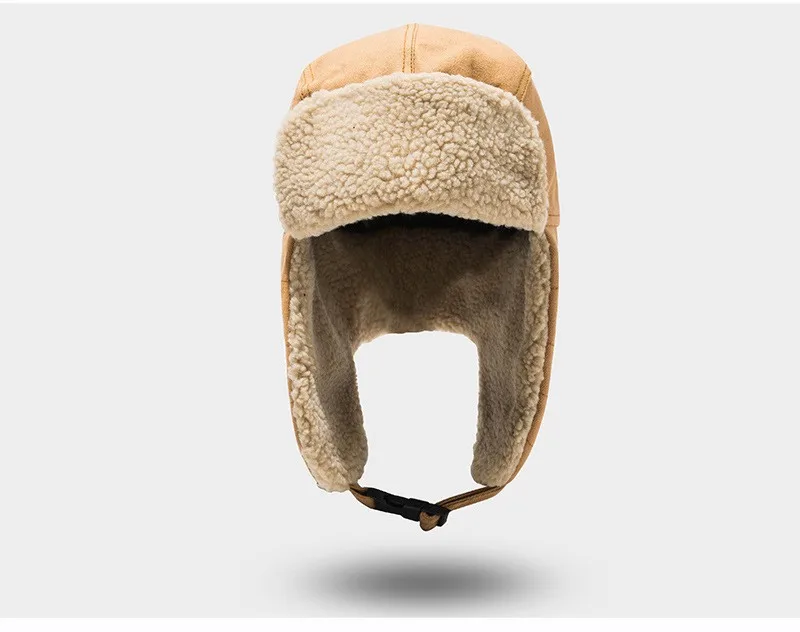 Chapeaux de bombardier épais coupe-vent en laine d\'agneau pour hommes, garde au chaud en hiver, casquette de ski en plein air