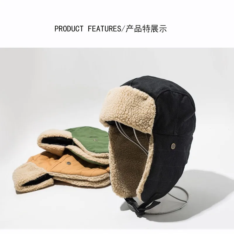 Chapeaux de bombardier épais coupe-vent en laine d\'agneau pour hommes, garde au chaud en hiver, casquette de ski en plein air Chapeaux de bombardier épais coupe-vent en laine d\'agneau pour hommes, garde au chaud en hiver, casquette de ski en plein air