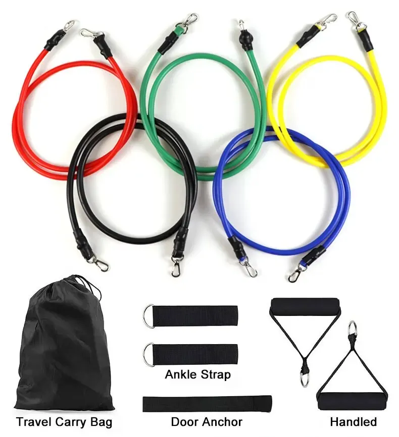 Corde côtelée portable, équipement de fitness, extenseur de poitrine, bande d'exercice élastique, sangle de rinçage, 11 pièces par ensemble