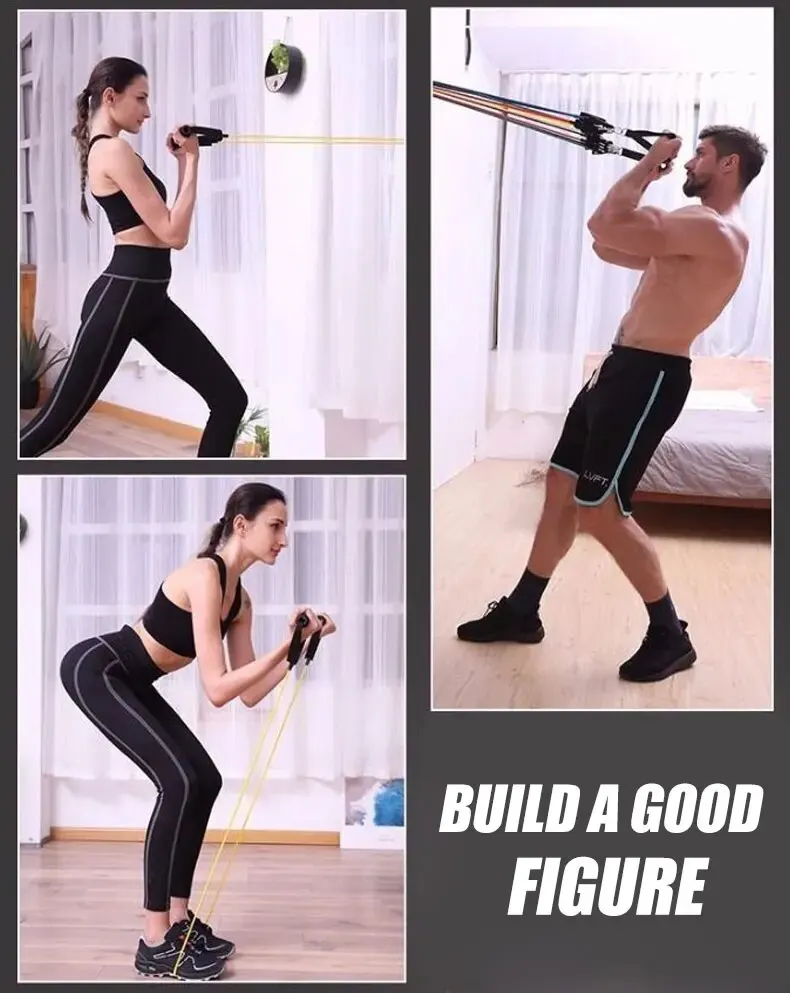 Corde côtelée portable, équipement de fitness, extenseur de poitrine, bande d\'exercice élastique, sangle de rinçage, 11 pièces par ensemble