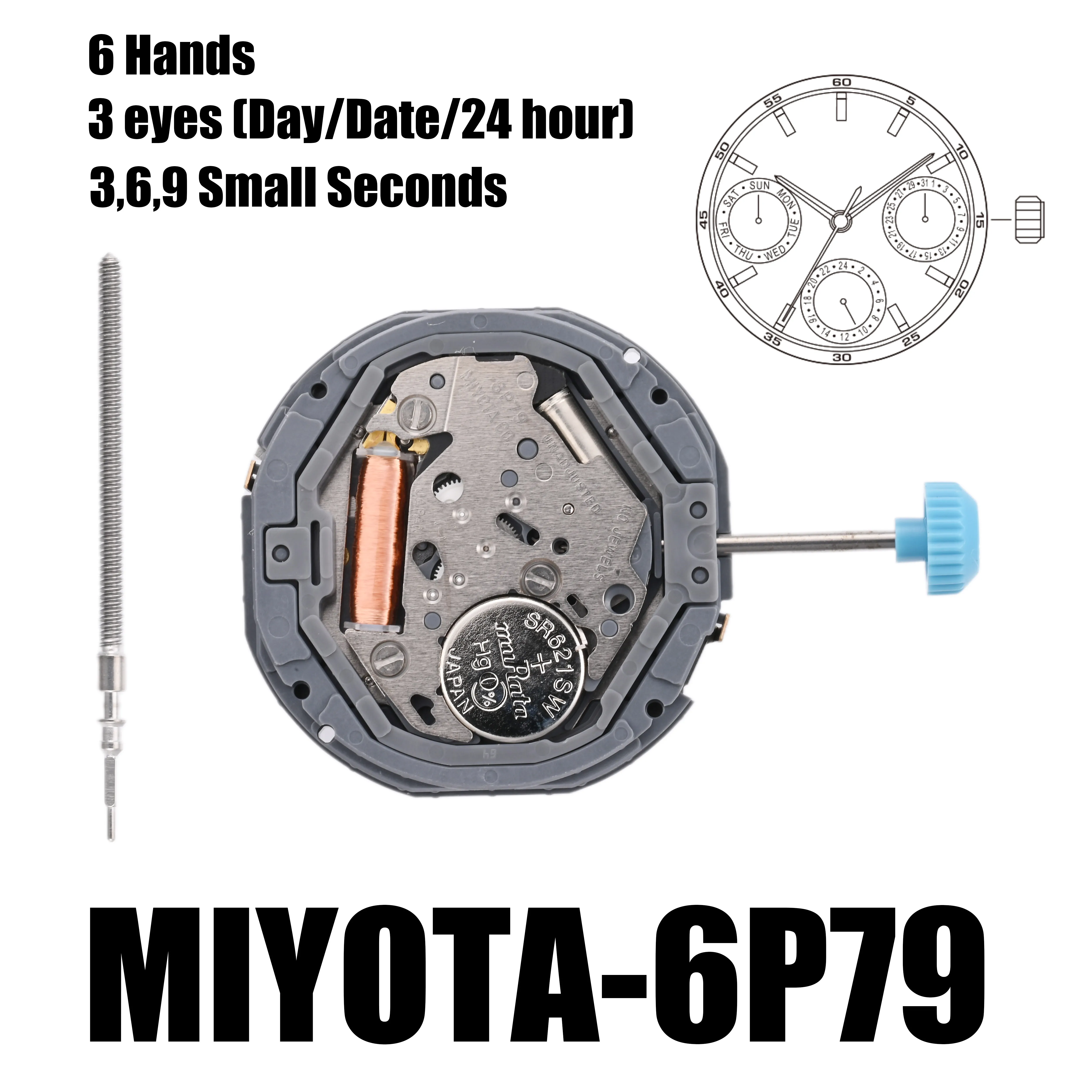 Mouvement japonais Miyota 6P79, multifonction 3 aiguilles (jour/date/24 heures), mouvement multifonction, taille : 10 1/2'