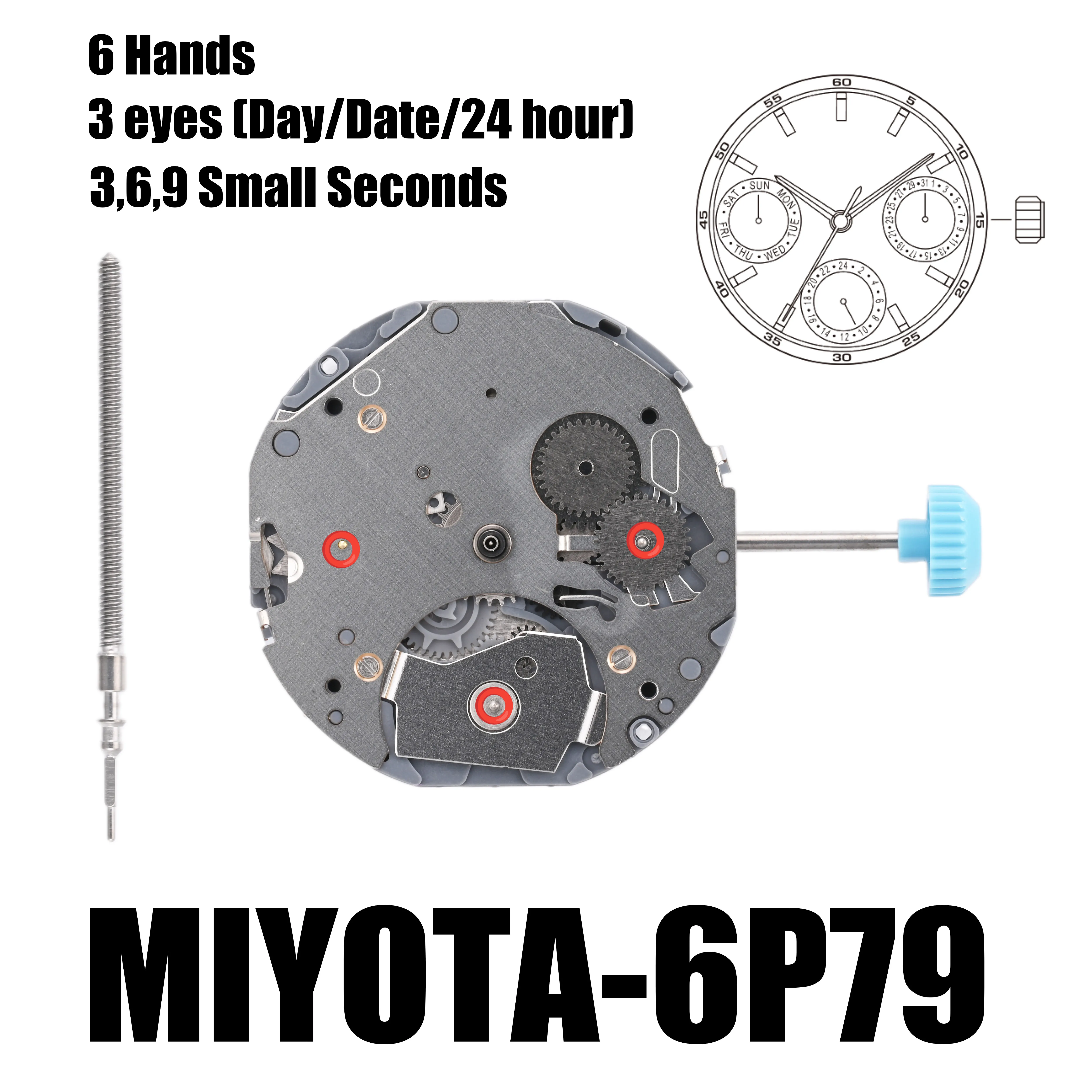 Mouvement japonais Miyota 6P79, multifonction 3 aiguilles (jour/date/24 heures), mouvement multifonction, taille : 10 1/2''