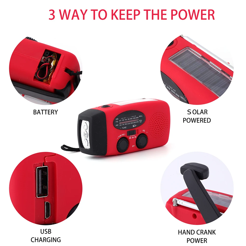 Radio AM/FM 2000mAh avec lampe torche LED, radio portable pour le camping en plein air, radio solaire à manivelle rechargeable, lumières d'urgence SOS