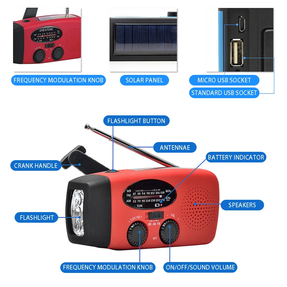 Radio AM/FM 2000mAh avec lampe torche LED, radio portable pour le camping en plein air, radio solaire à manivelle rechargeable, lumières d'urgence SOS