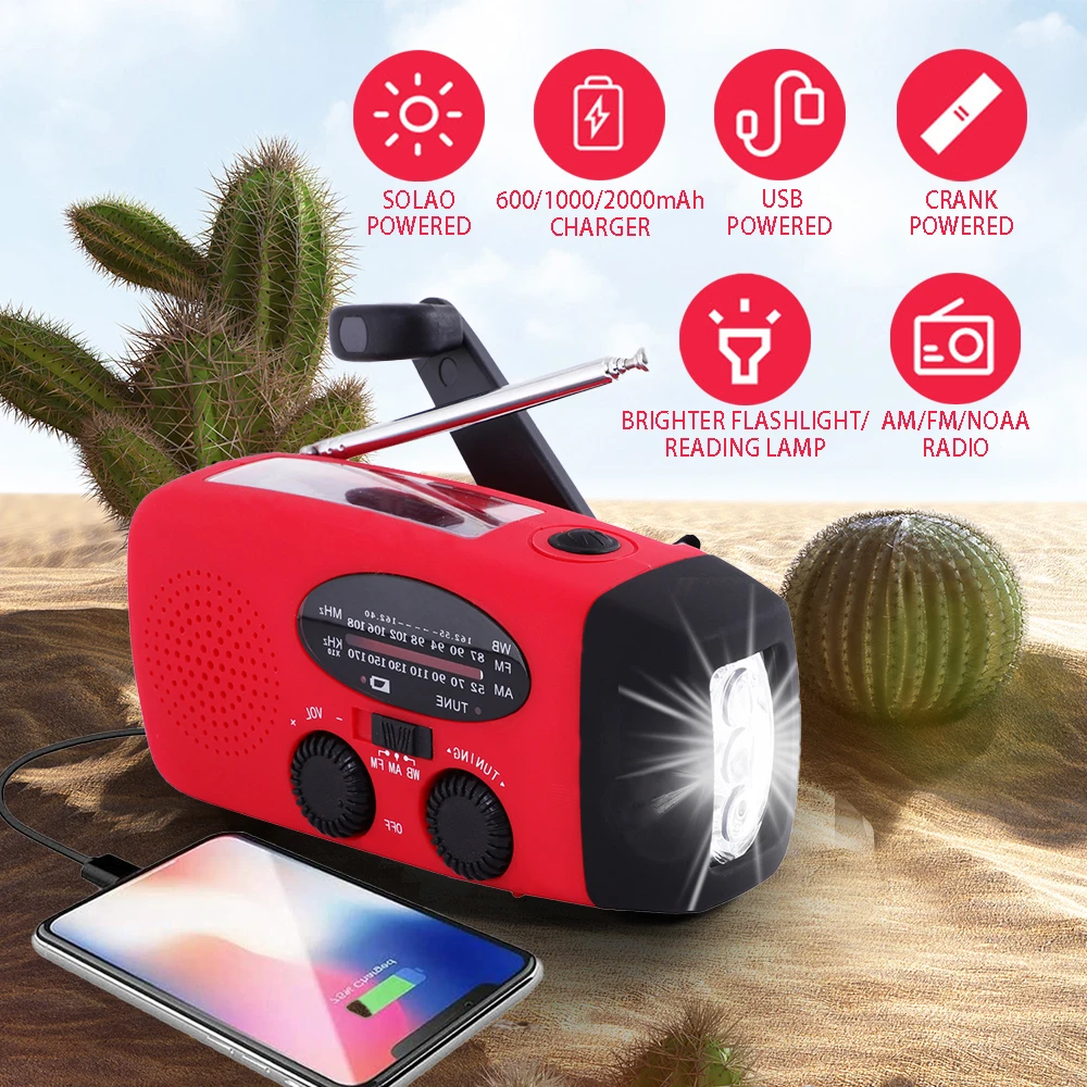 Radio AM/FM 2000mAh avec lampe torche LED, radio portable pour le camping en plein air, radio solaire à manivelle rechargeable, lumières d'urgence SOS