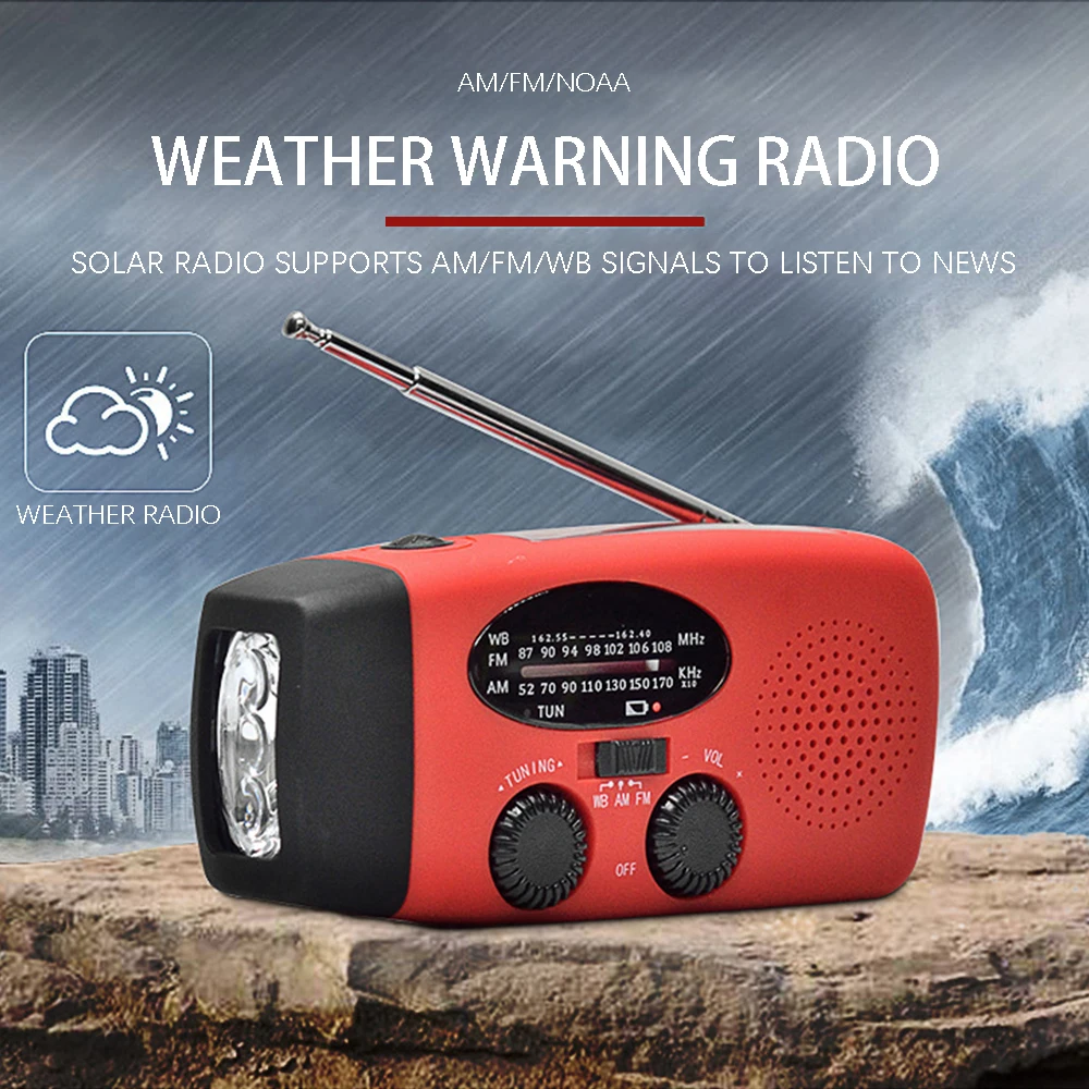 Radio AM/FM 2000mAh avec lampe torche LED, radio portable pour le camping en plein air, radio solaire à manivelle rechargeable, lumières d'urgence SOS