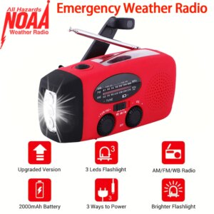 Radio AM/FM 2000mAh avec lampe torche LED, radio portable pour le camping en plein air, radio solaire à manivelle rechargeable, lumières d'urgence SOS