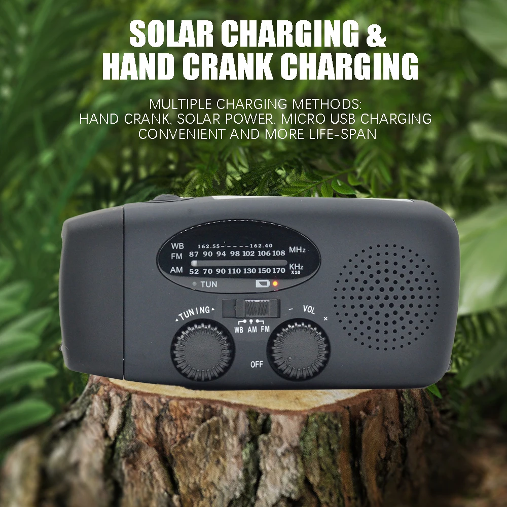Radio AM/FM 2000mAh avec lampe torche LED, radio portable pour le camping en plein air, radio solaire à manivelle rechargeable, lumières d'urgence SOS