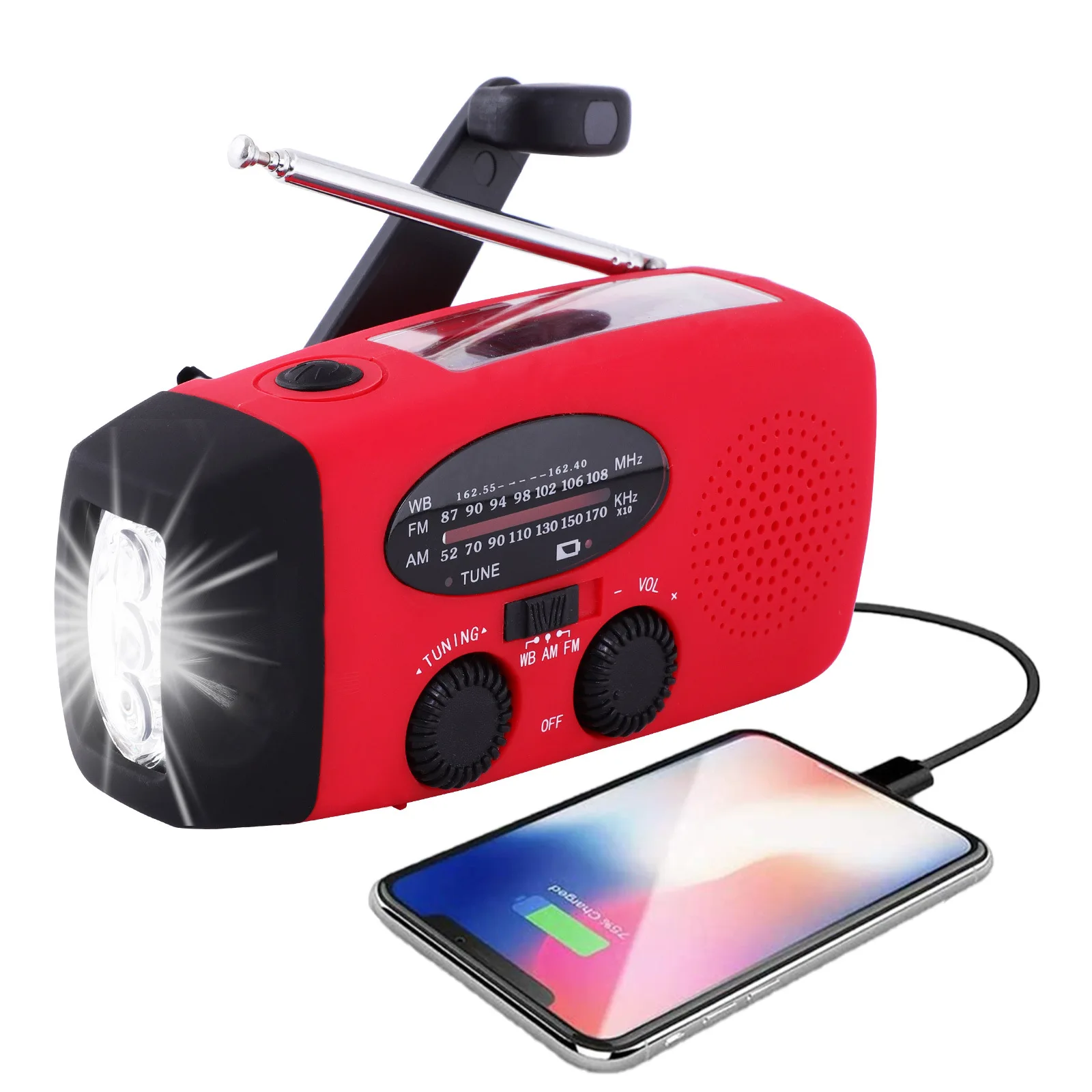 Radio AM/FM 2000mAh avec lampe torche LED, radio portable pour le camping en plein air, radio solaire à manivelle rechargeable, lumières d'urgence SOS