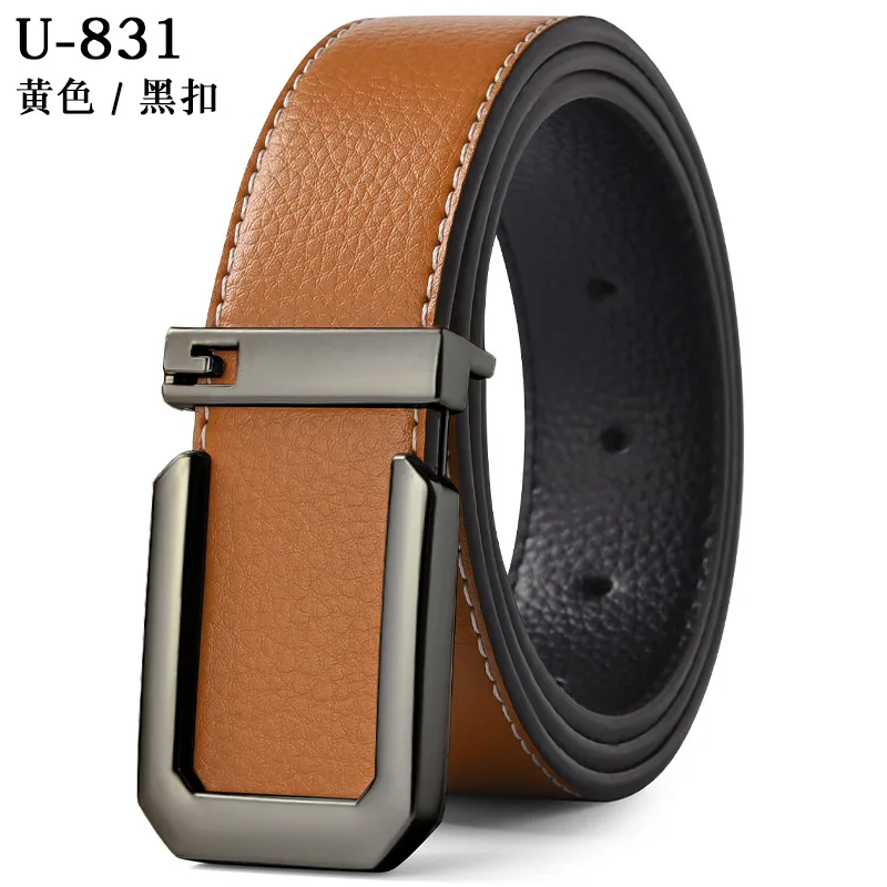 Ceinture en cuir véritable pour hommes, boucle carrée avec lettres, costume d\'affaires décontracté, accessoires en jean, ceinture classique polyvalente 3.3cm