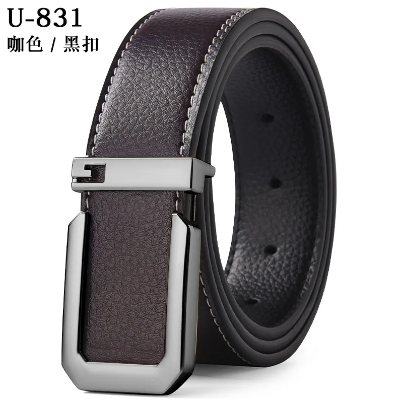 Ceinture en cuir véritable pour hommes, boucle carrée avec lettres, costume d\'affaires décontracté, accessoires en jean, ceinture classique polyvalente 3.3cm