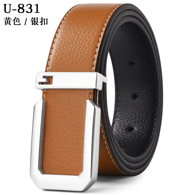 Ceinture en cuir véritable pour hommes, boucle carrée avec lettres, costume d\'affaires décontracté, accessoires en jean, ceinture classique polyvalente 3.3cm