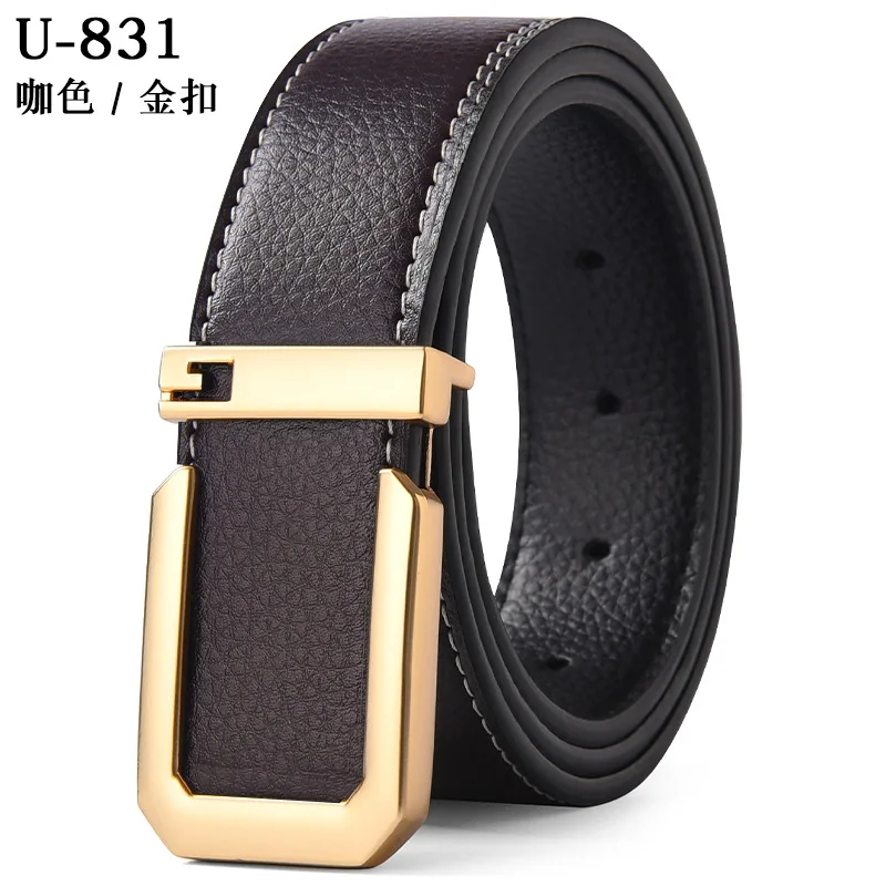 Ceinture en cuir véritable pour hommes, boucle carrée avec lettres, costume d\'affaires décontracté, accessoires en jean, ceinture classique polyvalente 3.3cm