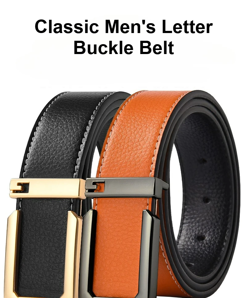 Ceinture en cuir véritable pour hommes, boucle carrée avec lettres, costume d'affaires décontracté, accessoires en jean, ceinture classique polyvalente 3.3cm