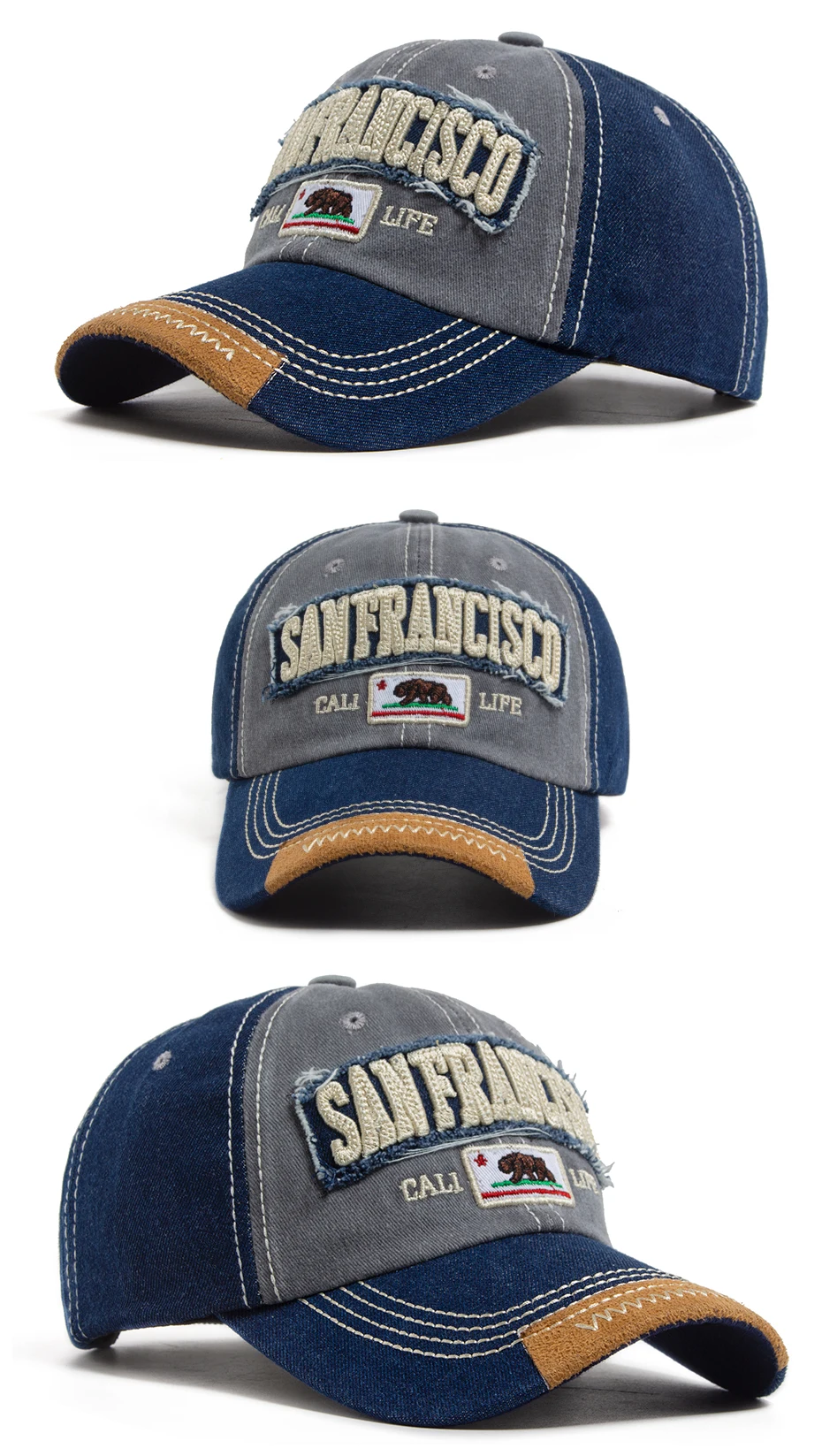 Casquette de Baseball California Bear pour hommes et femmes, Denim délavé, lettre rétro brodée, chapeau d\'été Hip Hop, Snapback pour un usage quotidien, décontracté