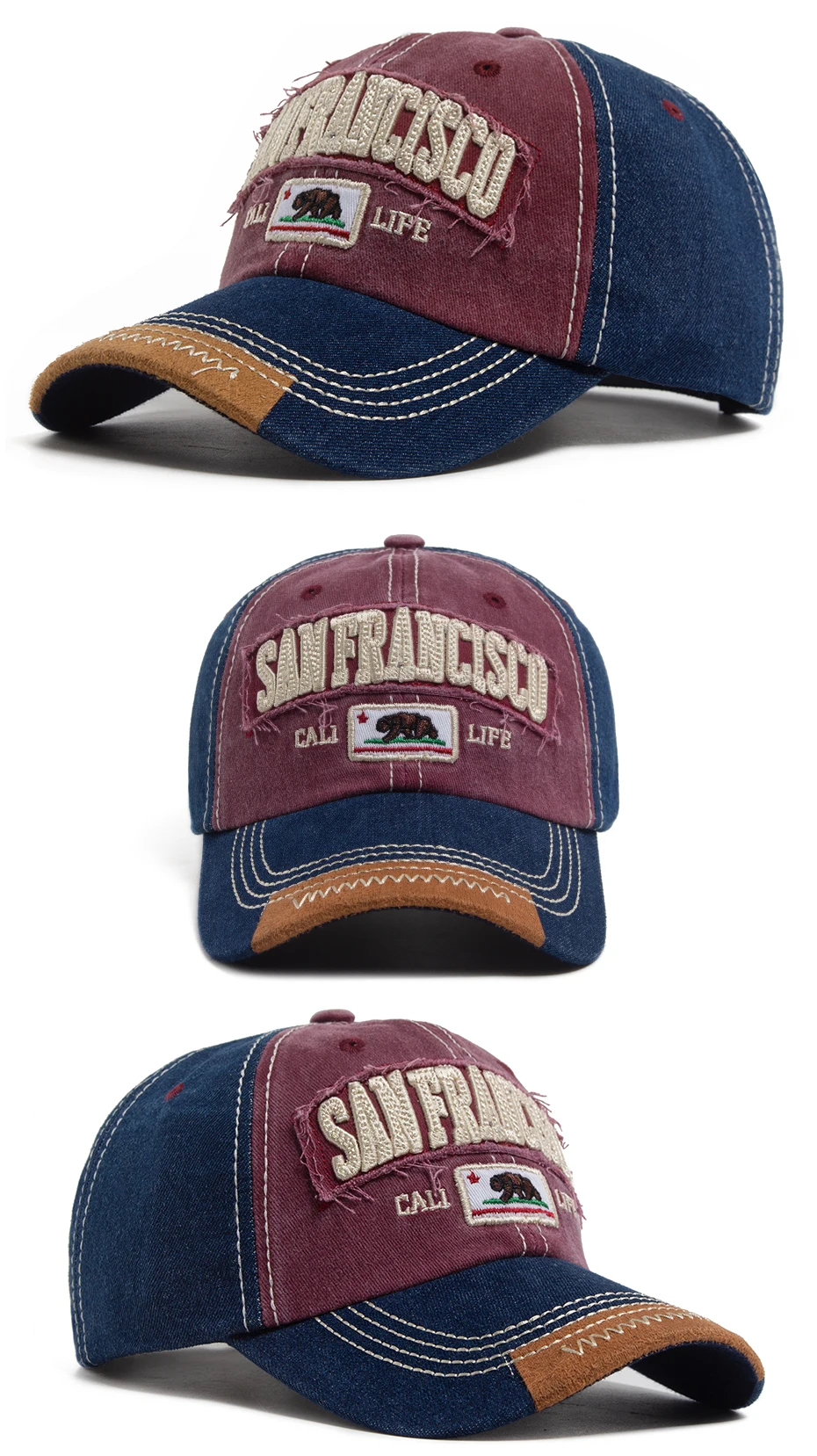 Casquette de Baseball California Bear pour hommes et femmes, Denim délavé, lettre rétro brodée, chapeau d\'été Hip Hop, Snapback pour un usage quotidien, décontracté
