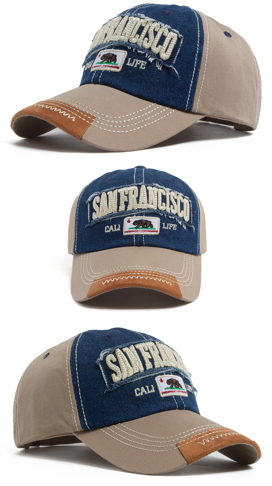 Casquette de Baseball California Bear pour hommes et femmes, Denim délavé, lettre rétro brodée, chapeau d\'été Hip Hop, Snapback pour un usage quotidien, décontracté