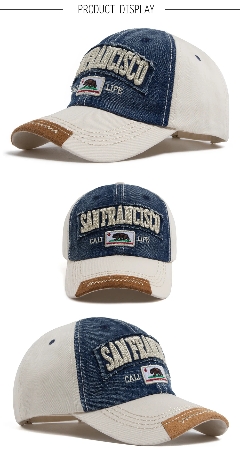 Casquette de Baseball California Bear pour hommes et femmes, Denim délavé, lettre rétro brodée, chapeau d\'été Hip Hop, Snapback pour un usage quotidien, décontracté