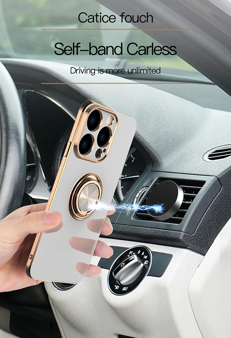 Coque de téléphone en Silicone, placage de luxe, Surface brillante, pour iPhone 16E 16 15 14 13 12 11 Pro Max Plus 5G 360 ° Couvercle de support d\'anneau rotatif