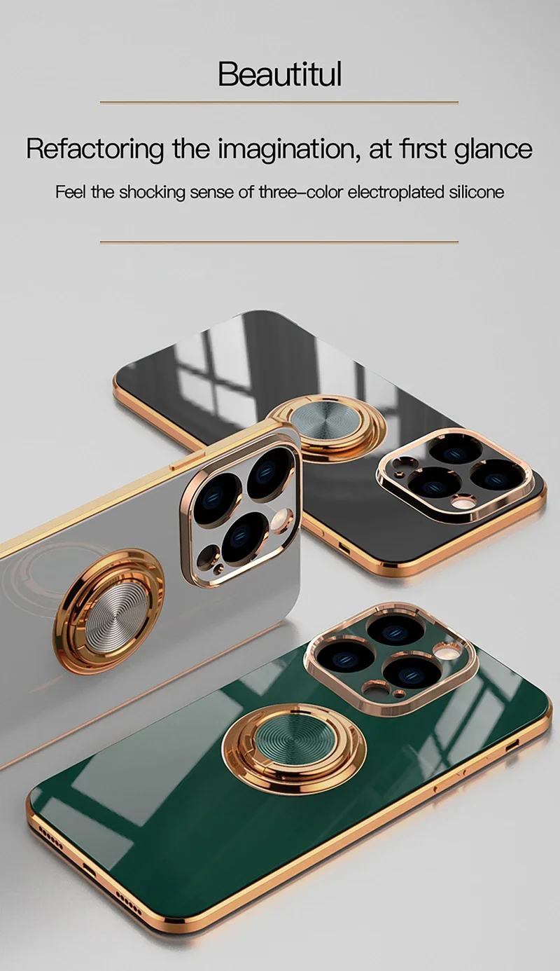 Coque de téléphone en Silicone, placage de luxe, Surface brillante, pour iPhone 16E 16 15 14 13 12 11 Pro Max Plus 5G 360 ° Couvercle de support d'anneau rotatif
