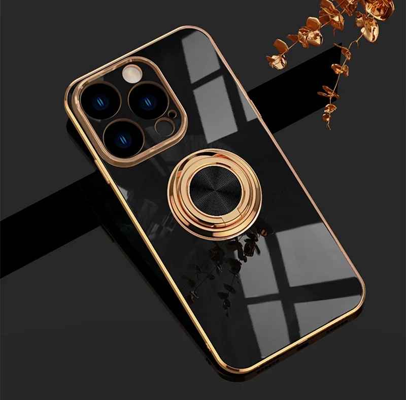 Coque de téléphone en Silicone, placage de luxe, Surface brillante, pour iPhone 16E 16 15 14 13 12 11 Pro Max Plus 5G 360 ° Couvercle de support d\'anneau rotatif