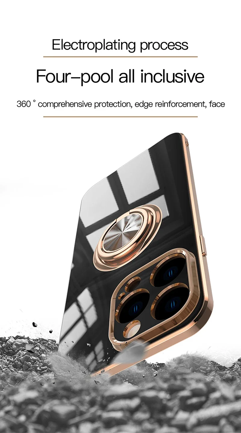 Coque de téléphone en Silicone, placage de luxe, Surface brillante, pour iPhone 16E 16 15 14 13 12 11 Pro Max Plus 5G 360 ° Couvercle de support d\'anneau rotatif