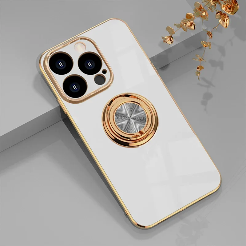Coque de téléphone en Silicone, placage de luxe, Surface brillante, pour iPhone 16E 16 15 14 13 12 11 Pro Max Plus 5G 360 ° Couvercle de support d\'anneau rotatif