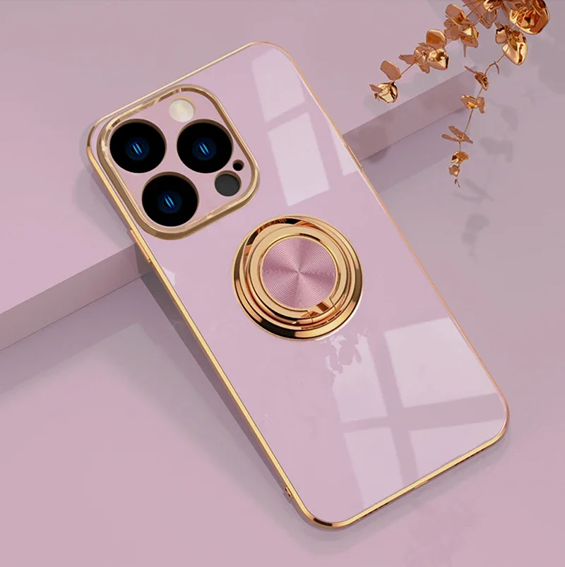 Coque de téléphone en Silicone, placage de luxe, Surface brillante, pour iPhone 16E 16 15 14 13 12 11 Pro Max Plus 5G 360 ° Couvercle de support d\'anneau rotatif