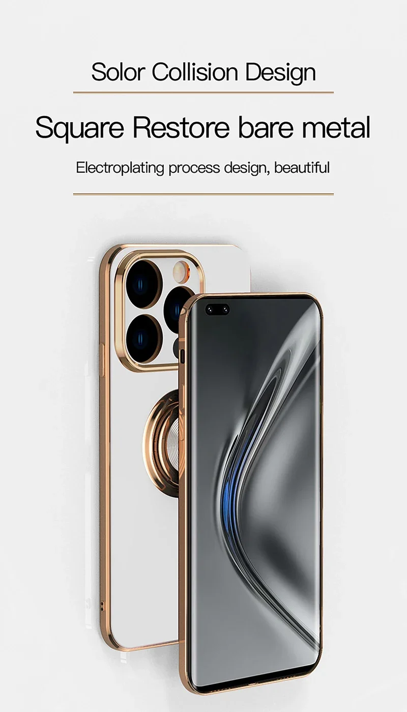 Coque de téléphone en Silicone, placage de luxe, Surface brillante, pour iPhone 16E 16 15 14 13 12 11 Pro Max Plus 5G 360 ° Couvercle de support d\'anneau rotatif