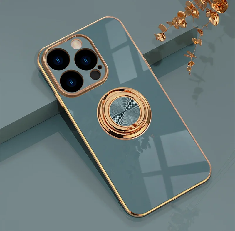 Coque de téléphone en Silicone, placage de luxe, Surface brillante, pour iPhone 16E 16 15 14 13 12 11 Pro Max Plus 5G 360 ° Couvercle de support d\'anneau rotatif