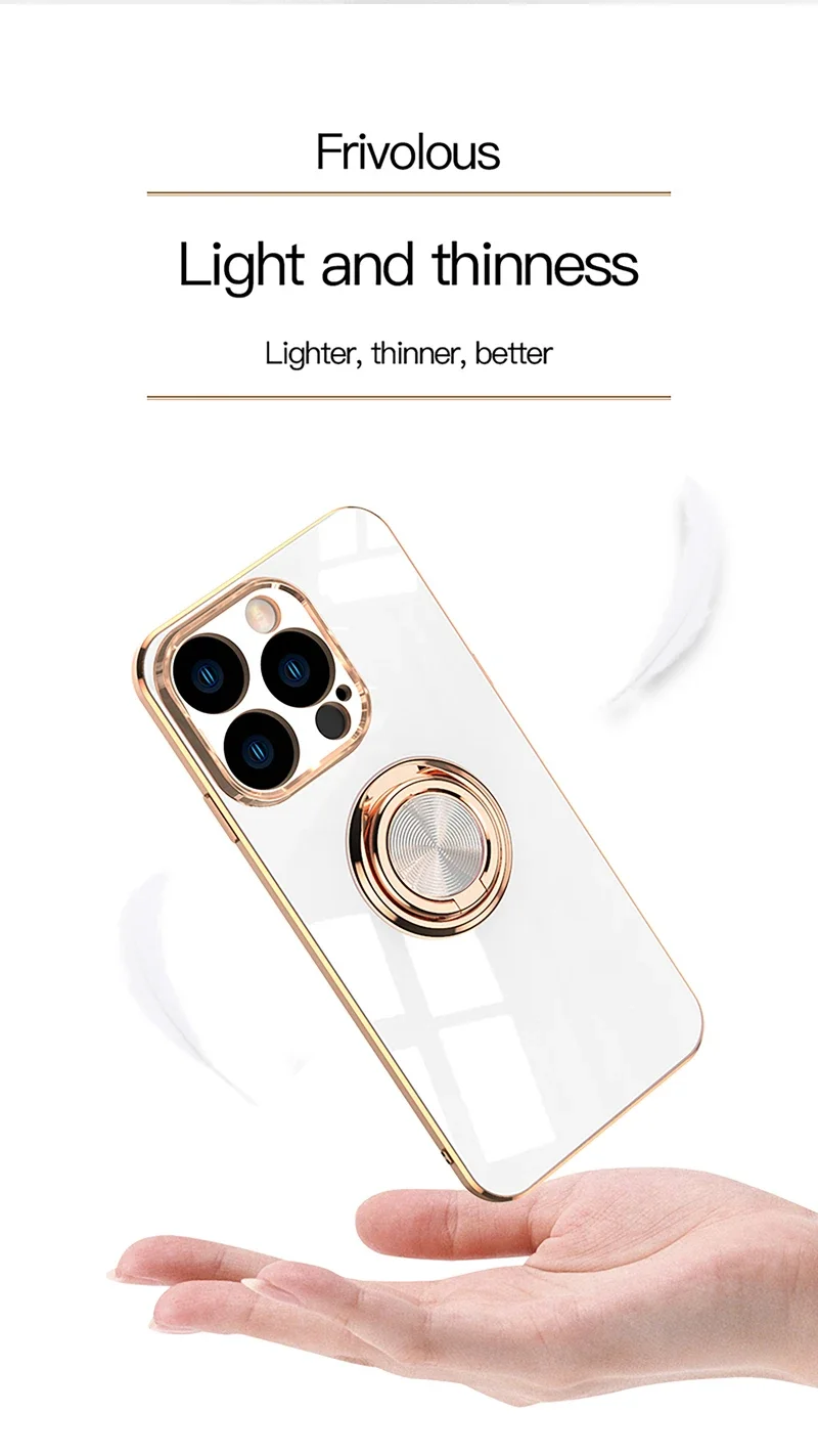 Coque de téléphone en Silicone, placage de luxe, Surface brillante, pour iPhone 16E 16 15 14 13 12 11 Pro Max Plus 5G 360 ° Couvercle de support d\'anneau rotatif