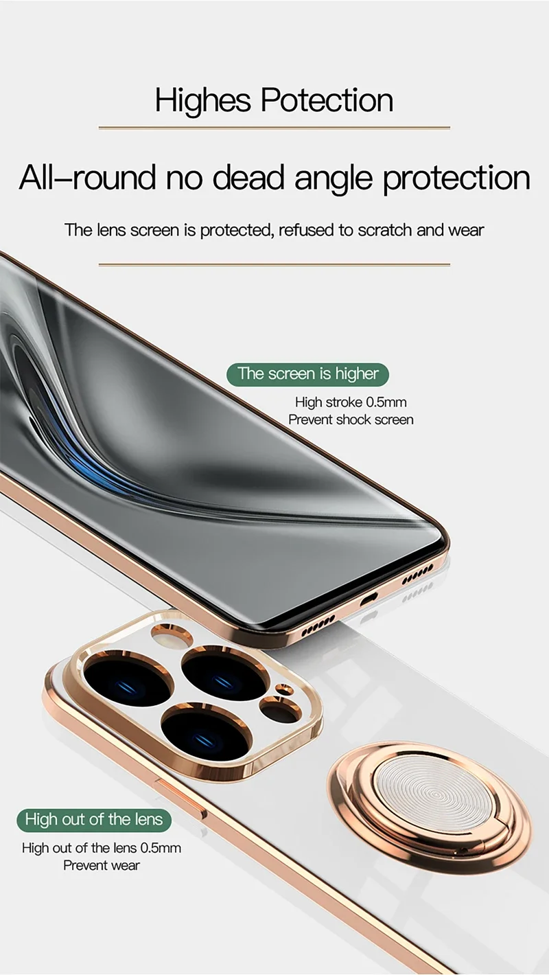 Coque de téléphone en Silicone, placage de luxe, Surface brillante, pour iPhone 16E 16 15 14 13 12 11 Pro Max Plus 5G 360 ° Couvercle de support d\'anneau rotatif
