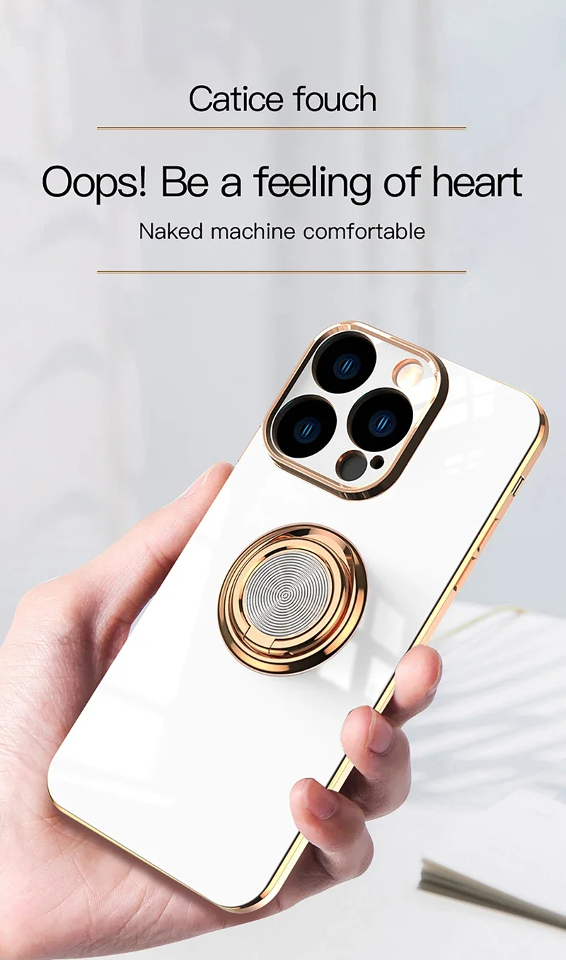 Coque de téléphone en Silicone, placage de luxe, Surface brillante, pour iPhone 16E 16 15 14 13 12 11 Pro Max Plus 5G 360 ° Couvercle de support d\'anneau rotatif