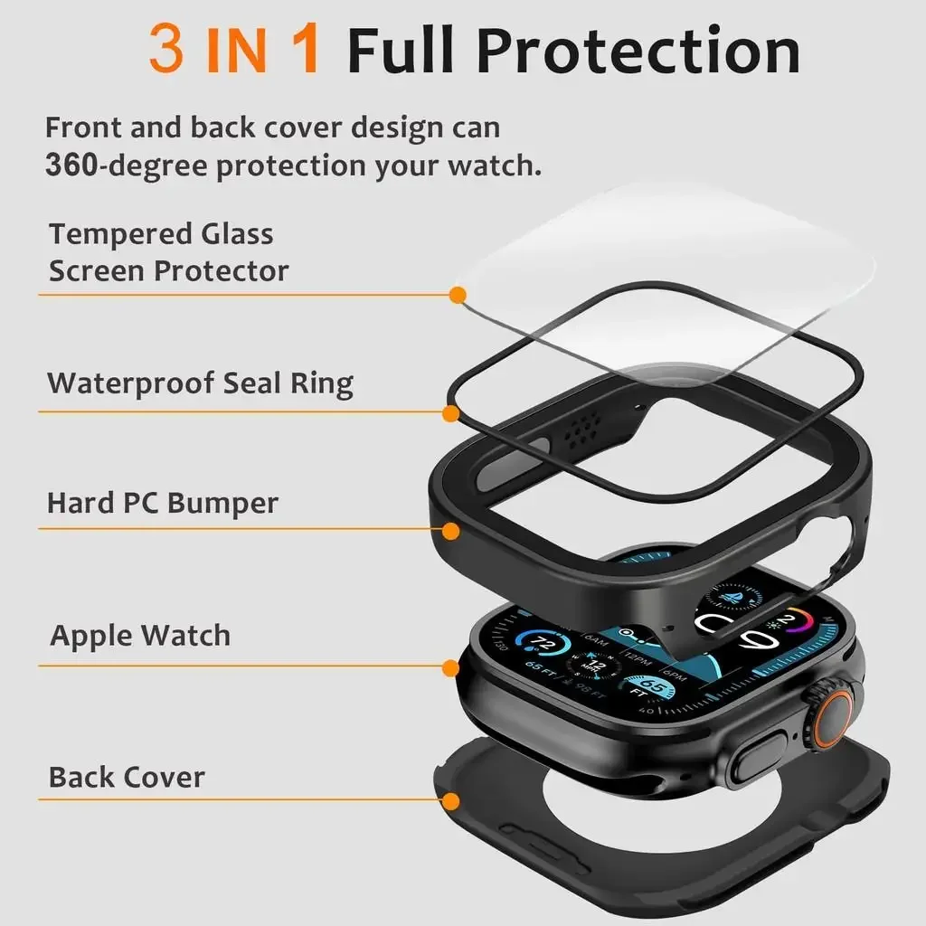 Coque Etui de Protection Apple Watch 4 5 6 7 8 9 10 11 Ultra Métal Verre Trempé – Image 3