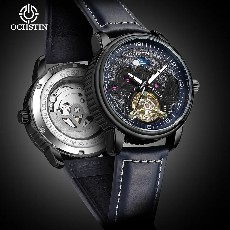 Montre mécanique automatique squelette pour homme, phase de lune, tourbillon, bracelet en cuir, grand cadran rond, boucle ardillon, étanche