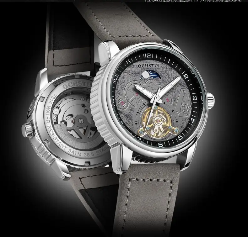 Montre mécanique automatique squelette pour homme, phase de lune, tourbillon, bracelet en cuir, grand cadran rond, boucle ardillon, étanche