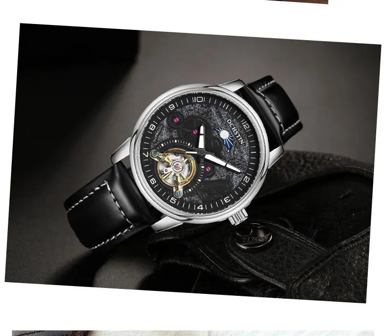 Montre mécanique automatique squelette pour homme, phase de lune, tourbillon, bracelet en cuir, grand cadran rond, boucle ardillon, étanche