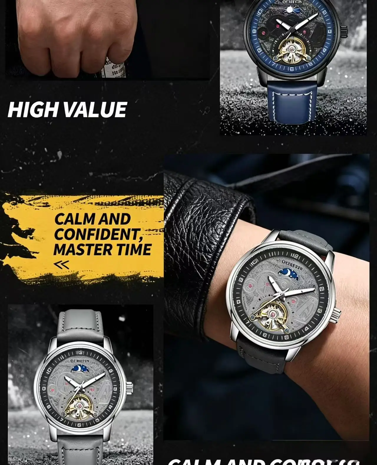 Montre mécanique automatique squelette pour homme, phase de lune, tourbillon, bracelet en cuir, grand cadran rond, boucle ardillon, étanche