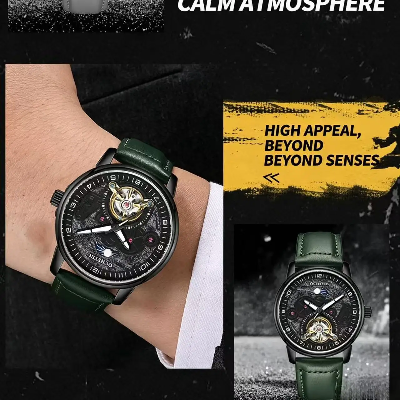 Montre mécanique automatique squelette pour homme, phase de lune, tourbillon, bracelet en cuir, grand cadran rond, boucle ardillon, étanche