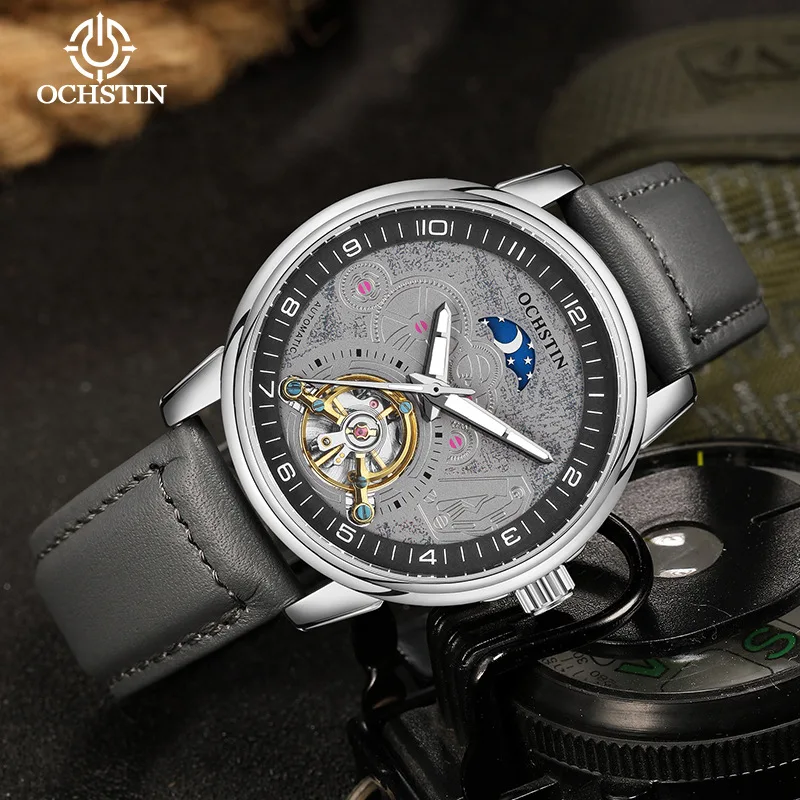 Montre mécanique automatique squelette pour homme, phase de lune, tourbillon, bracelet en cuir, grand cadran rond, boucle ardillon, étanche