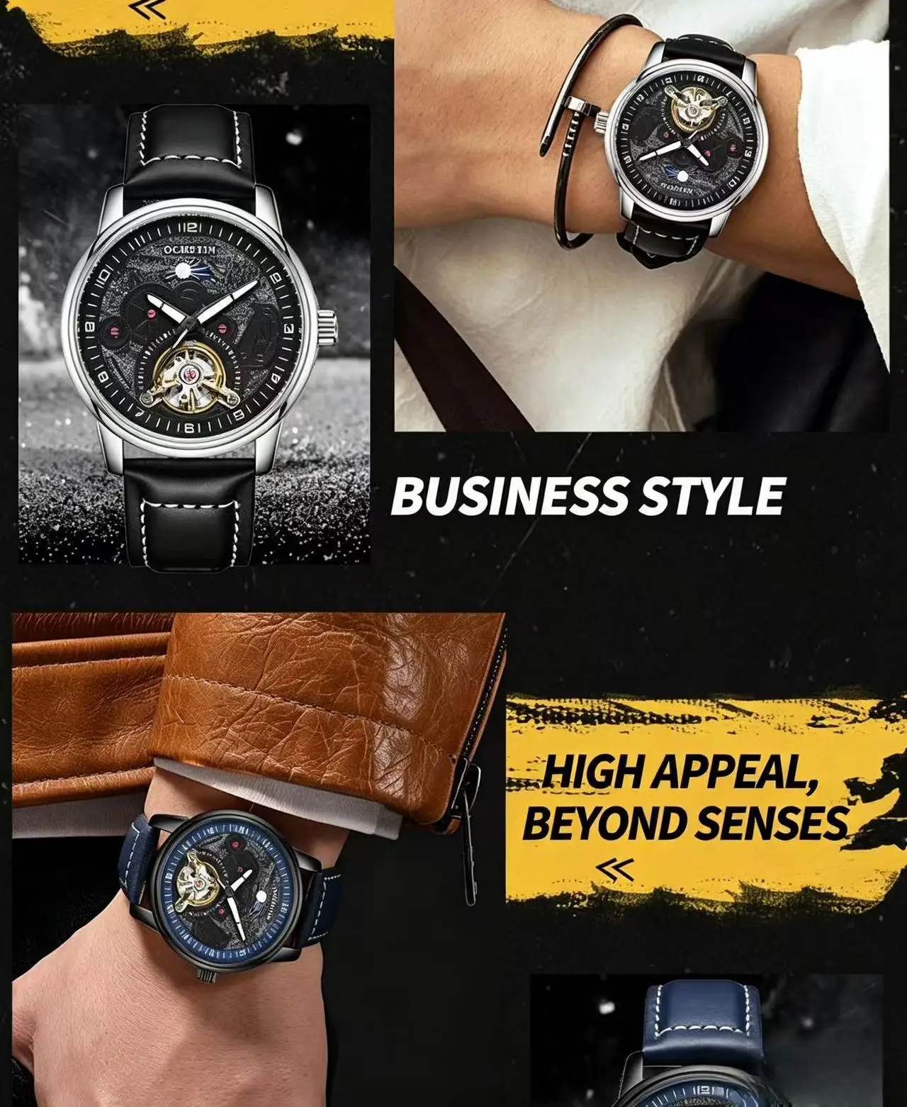 Montre mécanique automatique squelette pour homme, phase de lune, tourbillon, bracelet en cuir, grand cadran rond, boucle ardillon, étanche