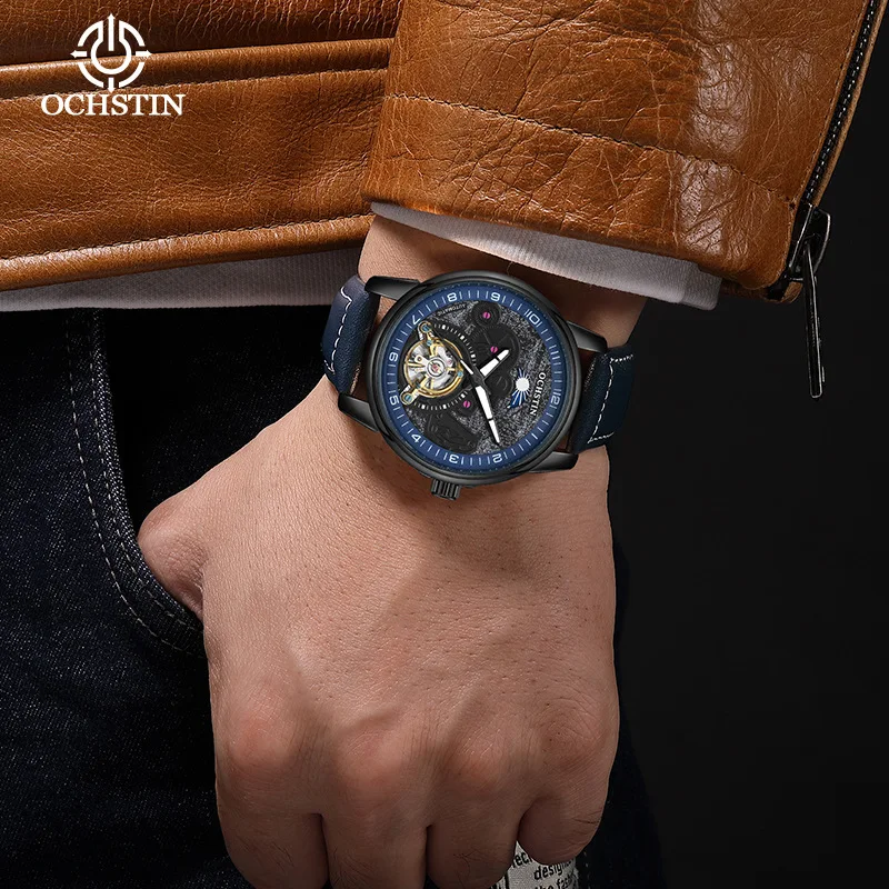 Montre mécanique automatique squelette pour homme, phase de lune, tourbillon, bracelet en cuir, grand cadran rond, boucle ardillon, étanche